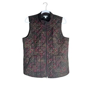 J.Jill Heritage Quilted Vest M Petite Paisley Print Zip Front Fall Layering Cozy